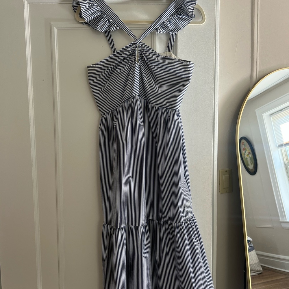 Preppy Style Blue and White Striped Midi Dress, XS